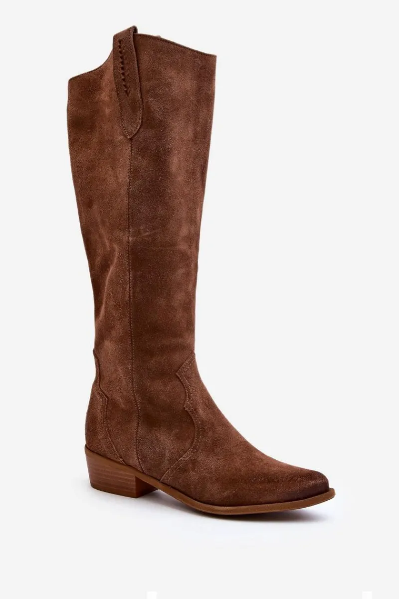 Online 3427 Damskie Zamszowe Kozaki Kowbojki Brązowe Damskie Kozaki Wiosenne|Kozaki Przed Kolano
