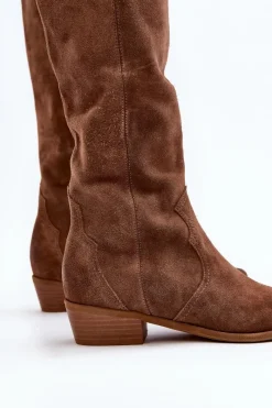 Online 3427 Damskie Zamszowe Kozaki Kowbojki Brązowe Damskie Kozaki Wiosenne|Kozaki Przed Kolano