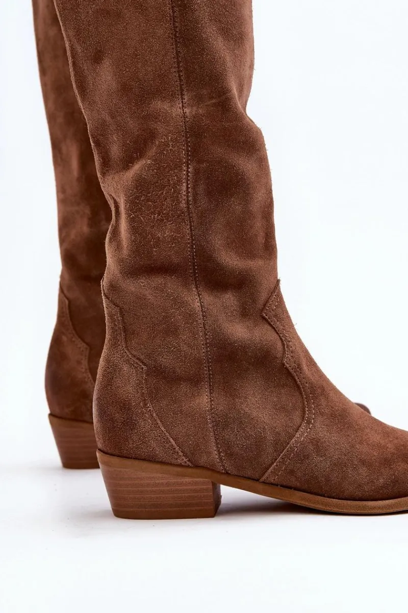 Online 3427 Damskie Zamszowe Kozaki Kowbojki Brązowe Damskie Kozaki Wiosenne|Kozaki Przed Kolano