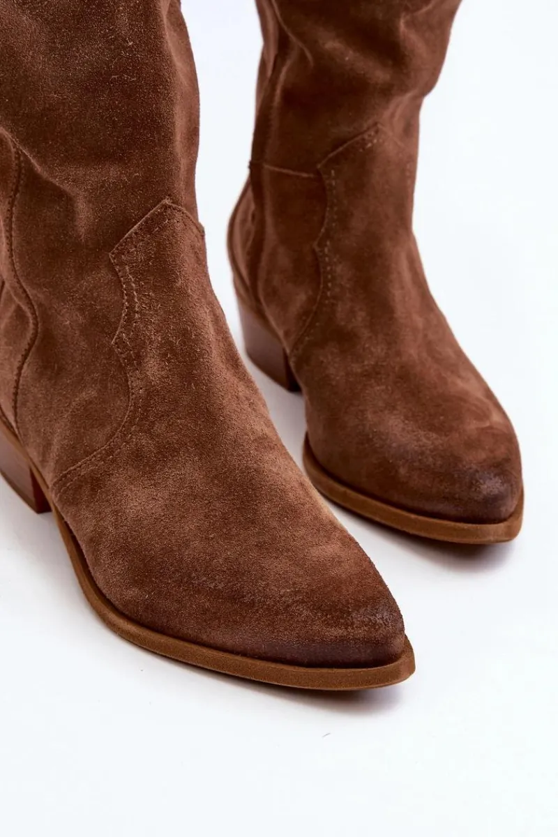 Online 3427 Damskie Zamszowe Kozaki Kowbojki Brązowe Damskie Kozaki Wiosenne|Kozaki Przed Kolano