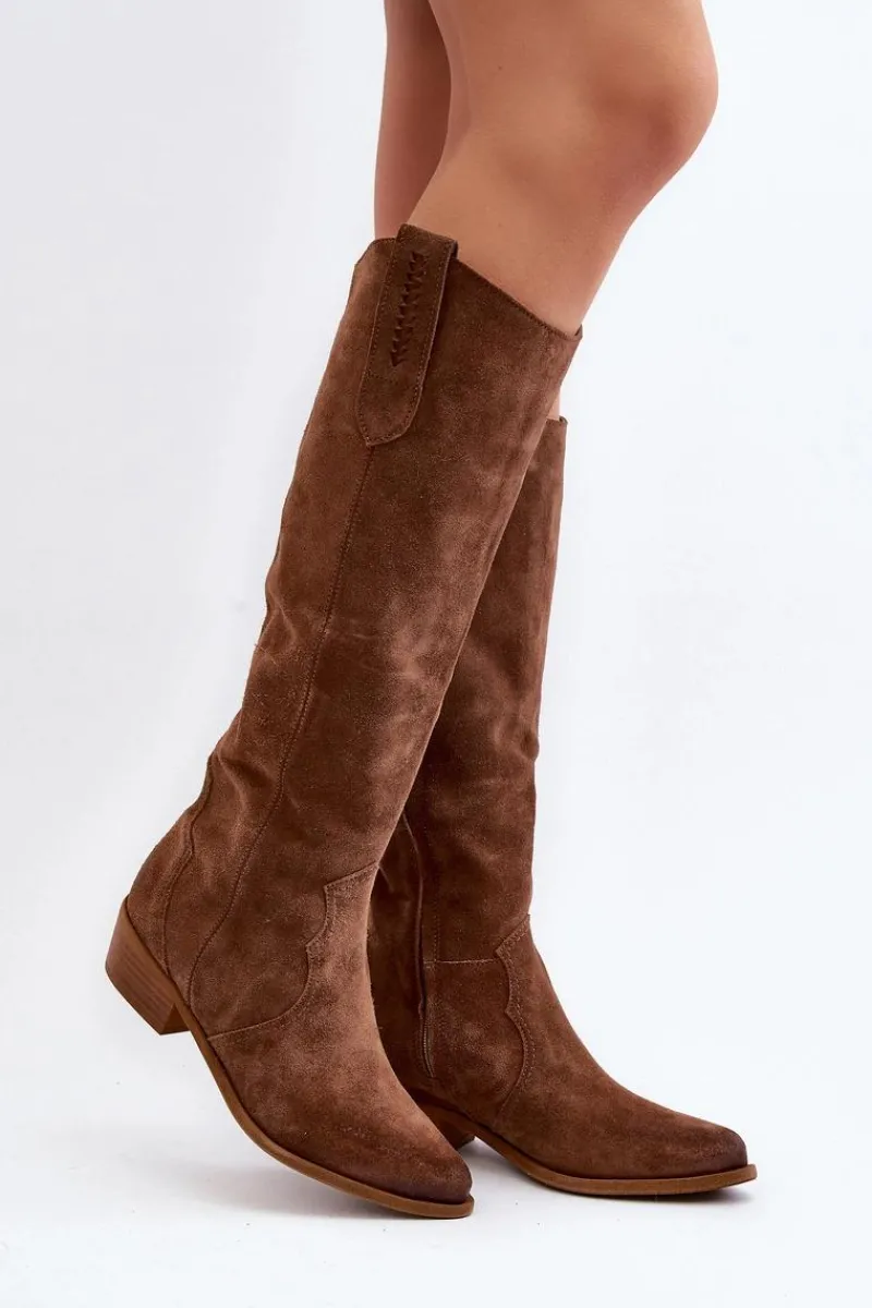 Online 3427 Damskie Zamszowe Kozaki Kowbojki Brązowe Damskie Kozaki Wiosenne|Kozaki Przed Kolano