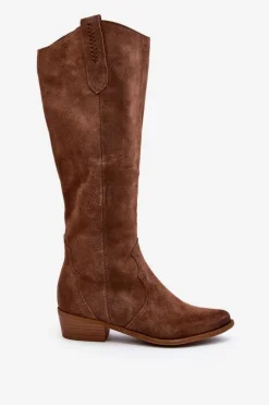 Online 3427 Damskie Zamszowe Kozaki Kowbojki Brązowe Damskie Kozaki Wiosenne|Kozaki Przed Kolano