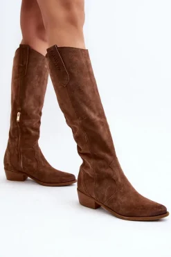 Online 3427 Damskie Zamszowe Kozaki Kowbojki Brązowe Damskie Kozaki Wiosenne|Kozaki Przed Kolano