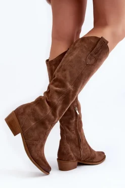 Online 3427 Damskie Zamszowe Kozaki Kowbojki Brązowe Damskie Kozaki Wiosenne|Kozaki Przed Kolano