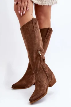 Online 3427 Damskie Zamszowe Kozaki Kowbojki Brązowe Damskie Kozaki Wiosenne|Kozaki Przed Kolano