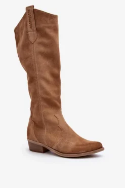 Kozaki Wiosenne|Kozaki Przed Kolano>Zazoo 3427 Damskie Zamszowe Kozaki Kowbojki Beżowe