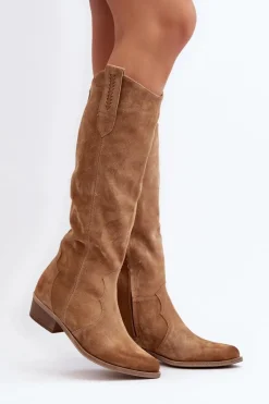 Kozaki Wiosenne|Kozaki Przed Kolano>Zazoo 3427 Damskie Zamszowe Kozaki Kowbojki Beżowe