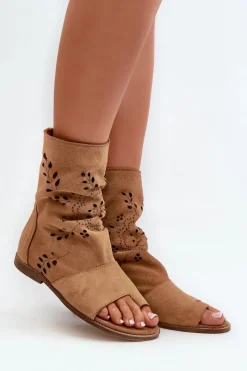 Sandały Płaskie>Boto Zazoo 3437 Damskie Zamszowe Sandały Z Cholewką Na Zamek Camel