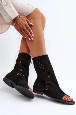 Discount Boto Zazoo 3437 Damskie Zamszowe Sandały Z Cholewką Na Zamek Czarne Czarny