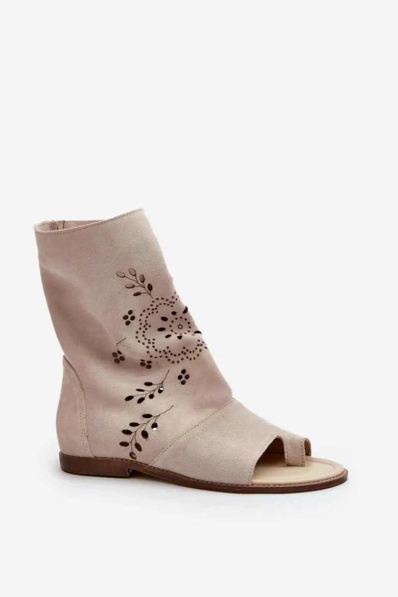 Best Zazoo 3437 Damskie Zamszowe Sandały Z Cholewką Na Zamek Jasnobeżowe Damskie Sandały Z Cholewką|Sandały Płaskie