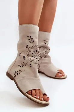 Best Zazoo 3437 Damskie Zamszowe Sandały Z Cholewką Na Zamek Jasnobeżowe Damskie Sandały Z Cholewką|Sandały Płaskie