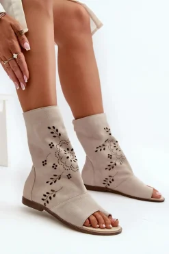 Best Zazoo 3437 Damskie Zamszowe Sandały Z Cholewką Na Zamek Jasnobeżowe Damskie Sandały Z Cholewką|Sandały Płaskie