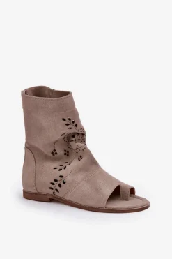 Online Zazoo 3437 Damskie Zamszowe Sandały Z Cholewką Na Zamek Beżowe Damskie Sandały Z Cholewką|Sandały Płaskie