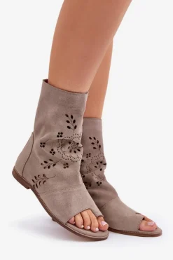 Online Zazoo 3437 Damskie Zamszowe Sandały Z Cholewką Na Zamek Beżowe Damskie Sandały Z Cholewką|Sandały Płaskie