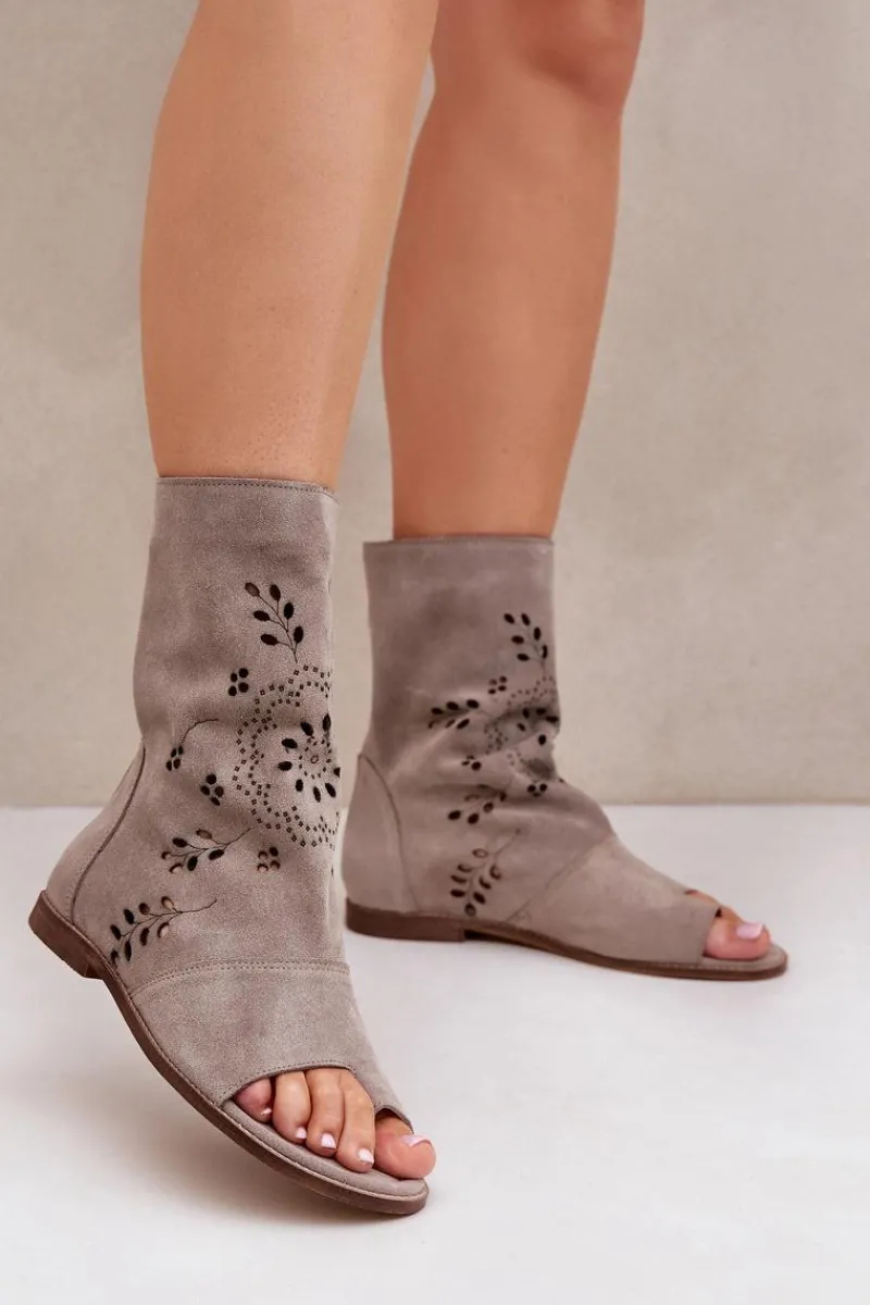 Online Zazoo 3437 Damskie Zamszowe Sandały Z Cholewką Na Zamek Beżowe Damskie Sandały Z Cholewką|Sandały Płaskie