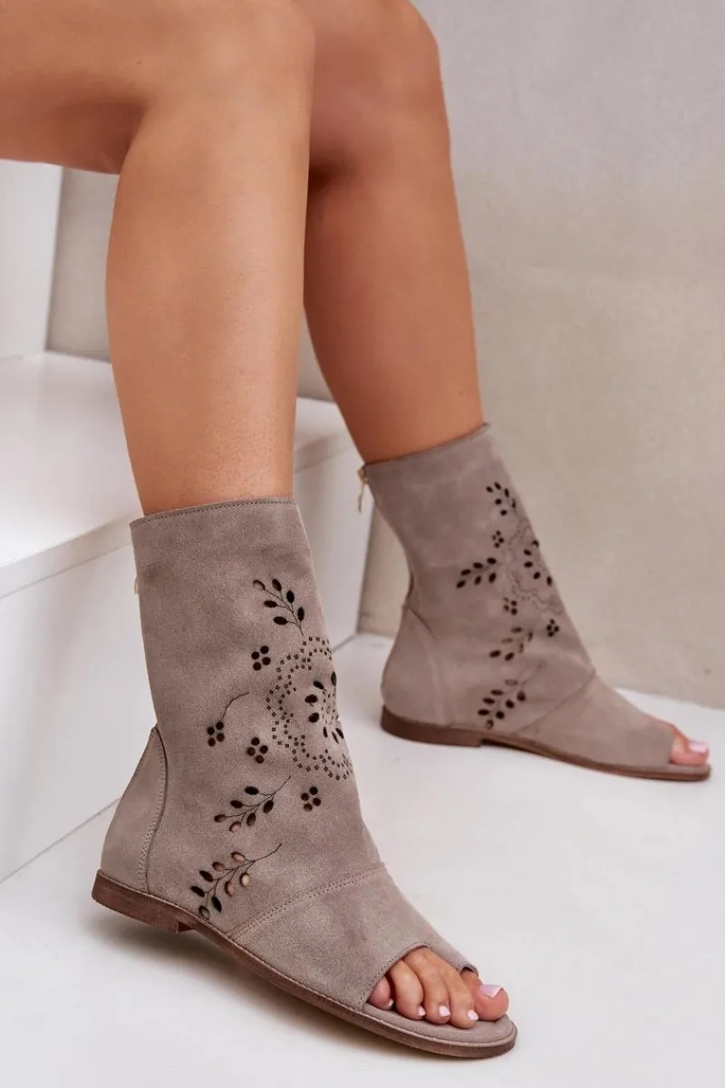 Online Zazoo 3437 Damskie Zamszowe Sandały Z Cholewką Na Zamek Beżowe Damskie Sandały Z Cholewką|Sandały Płaskie