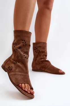 Sandały Z Cholewką|Sandały Płaskie>Boto Zazoo 3437 Damskie Zamszowe Sandały Z Cholewką Na Zamek Brązowe Brązowy