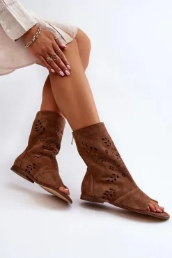 Sandały Z Cholewką|Sandały Płaskie>Boto Zazoo 3437 Damskie Zamszowe Sandały Z Cholewką Na Zamek Brązowe Brązowy