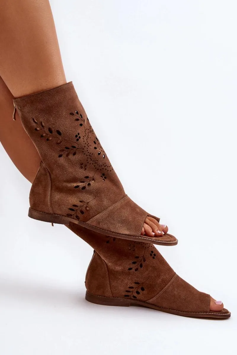 Sandały Z Cholewką|Sandały Płaskie>Boto Zazoo 3437 Damskie Zamszowe Sandały Z Cholewką Na Zamek Brązowe Brązowy