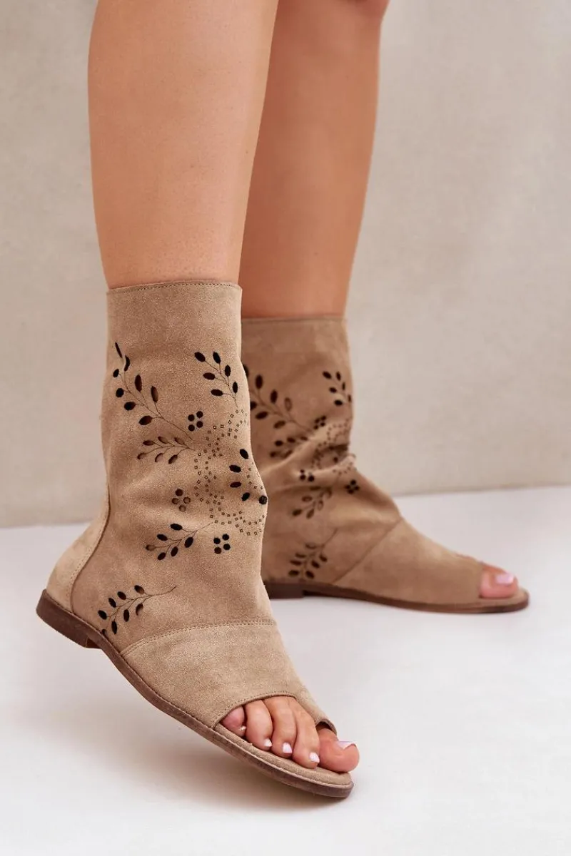 Sandały Z Cholewką|Sandały Płaskie>Boto Zazoo 3437 Damskie Zamszowe Sandały Z Cholewką Na Zamek Beżowe Beżowy