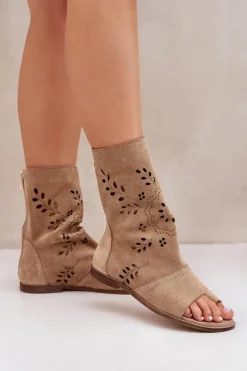 Sandały Z Cholewką|Sandały Płaskie>Boto Zazoo 3437 Damskie Zamszowe Sandały Z Cholewką Na Zamek Beżowe Beżowy