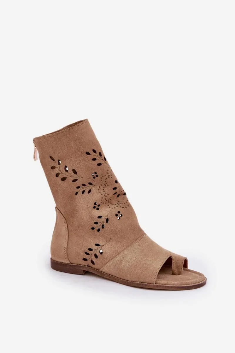 Sandały Z Cholewką|Sandały Płaskie>Boto Zazoo 3437 Damskie Zamszowe Sandały Z Cholewką Na Zamek Beżowe Beżowy