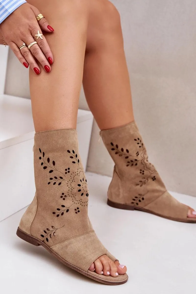 Sandały Z Cholewką|Sandały Płaskie>Boto Zazoo 3437 Damskie Zamszowe Sandały Z Cholewką Na Zamek Beżowe Beżowy