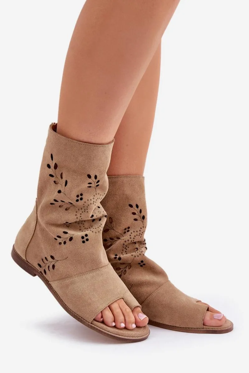 Sandały Z Cholewką|Sandały Płaskie>Boto Zazoo 3437 Damskie Zamszowe Sandały Z Cholewką Na Zamek Beżowe Beżowy