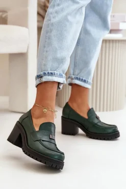Discount 20168 Eleganckie Półbuty Damskie Na Słupku Skóra Naturalna Ciemnozielone Damskie Półbuty Skórzane