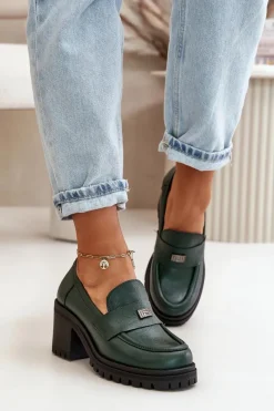 Discount 20168 Eleganckie Półbuty Damskie Na Słupku Skóra Naturalna Ciemnozielone Damskie Półbuty Skórzane