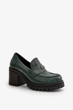 Discount 20168 Eleganckie Półbuty Damskie Na Słupku Skóra Naturalna Ciemnozielone Damskie Półbuty Skórzane