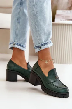 Discount 20168 Eleganckie Półbuty Damskie Na Słupku Skóra Naturalna Ciemnozielone Damskie Półbuty Skórzane