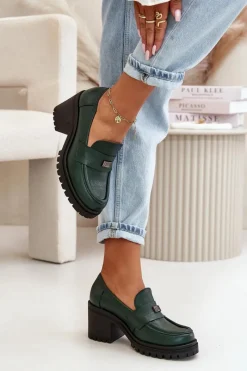 Discount 20168 Eleganckie Półbuty Damskie Na Słupku Skóra Naturalna Ciemnozielone Damskie Półbuty Skórzane
