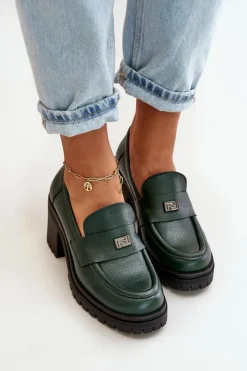 Discount 20168 Eleganckie Półbuty Damskie Na Słupku Skóra Naturalna Ciemnozielone Damskie Półbuty Skórzane