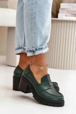 Discount 20168 Eleganckie Półbuty Damskie Na Słupku Skóra Naturalna Ciemnozielone Damskie Półbuty Skórzane