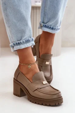 Best Zazoo 20168 Eleganckie Półbuty Damskie Na Słupku Skóra Naturalna Ciemnobeżowe Beżowy