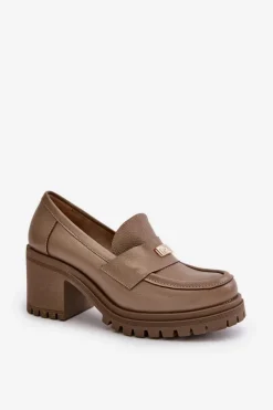 Best Zazoo 20168 Eleganckie Półbuty Damskie Na Słupku Skóra Naturalna Ciemnobeżowe Beżowy