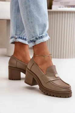 Best Zazoo 20168 Eleganckie Półbuty Damskie Na Słupku Skóra Naturalna Ciemnobeżowe Beżowy