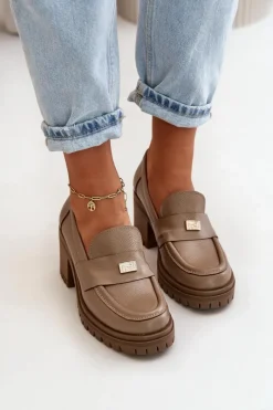 Best Zazoo 20168 Eleganckie Półbuty Damskie Na Słupku Skóra Naturalna Ciemnobeżowe Beżowy