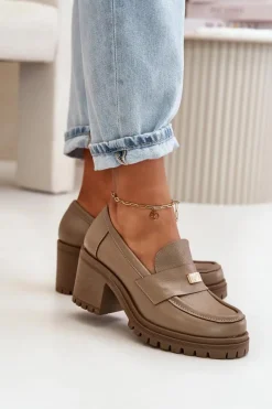 Best Zazoo 20168 Eleganckie Półbuty Damskie Na Słupku Skóra Naturalna Ciemnobeżowe Beżowy