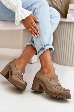 Best Zazoo 20168 Eleganckie Półbuty Damskie Na Słupku Skóra Naturalna Ciemnobeżowe Beżowy