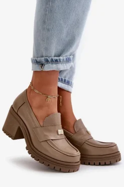 Best Zazoo 20168 Eleganckie Półbuty Damskie Na Słupku Skóra Naturalna Ciemnobeżowe Beżowy