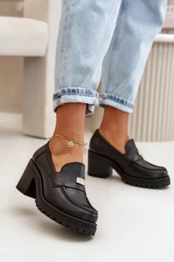 Online 20168 Eleganckie Półbuty Damskie Na Słupku Skóra Naturalna Czarne Damskie Półbuty Skórzane