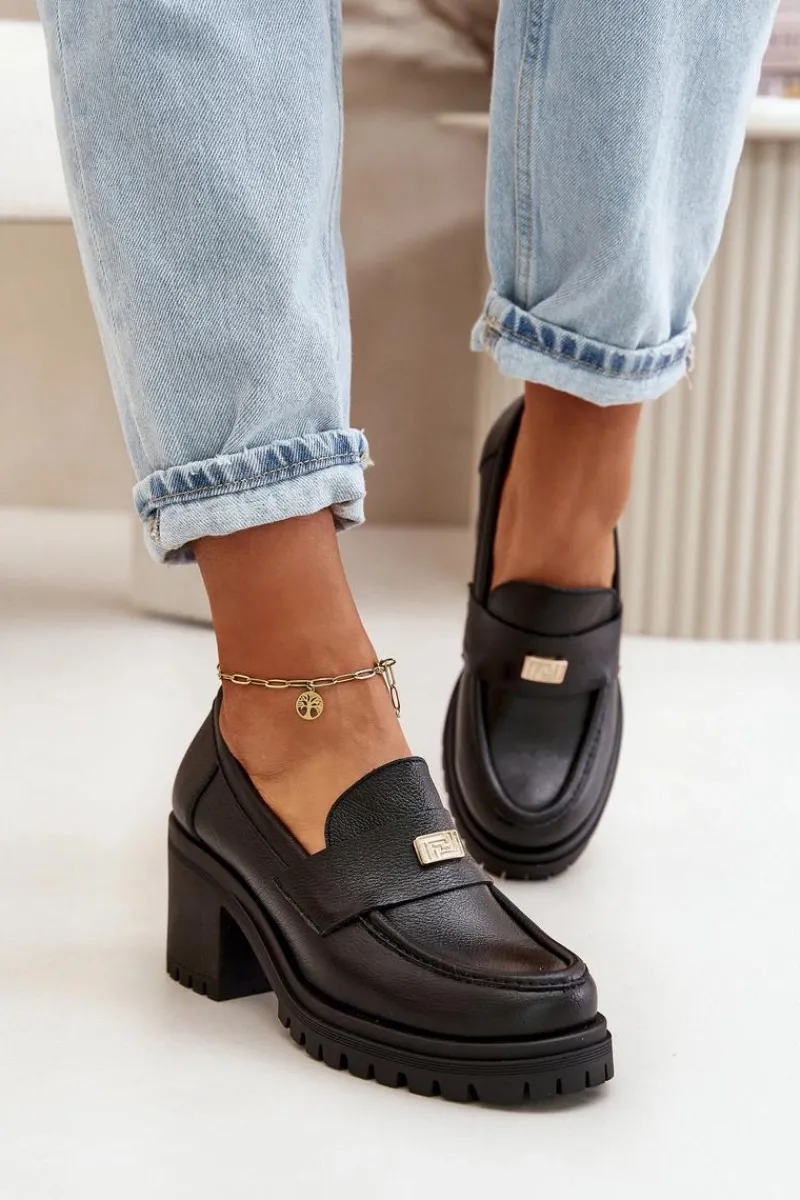 Online 20168 Eleganckie Półbuty Damskie Na Słupku Skóra Naturalna Czarne Damskie Półbuty Skórzane