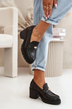 Online 20168 Eleganckie Półbuty Damskie Na Słupku Skóra Naturalna Czarne Damskie Półbuty Skórzane