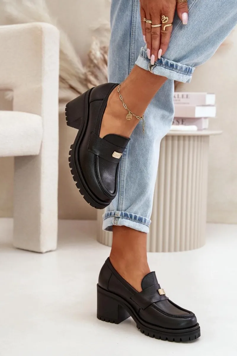 Online 20168 Eleganckie Półbuty Damskie Na Słupku Skóra Naturalna Czarne Damskie Półbuty Skórzane