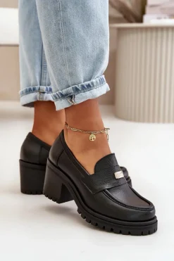 Online 20168 Eleganckie Półbuty Damskie Na Słupku Skóra Naturalna Czarne Damskie Półbuty Skórzane