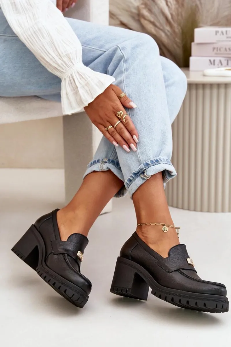 Online 20168 Eleganckie Półbuty Damskie Na Słupku Skóra Naturalna Czarne Damskie Półbuty Skórzane