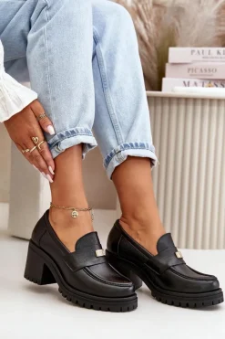 Online 20168 Eleganckie Półbuty Damskie Na Słupku Skóra Naturalna Czarne Damskie Półbuty Skórzane