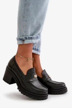 Online 20168 Eleganckie Półbuty Damskie Na Słupku Skóra Naturalna Czarne Damskie Półbuty Skórzane